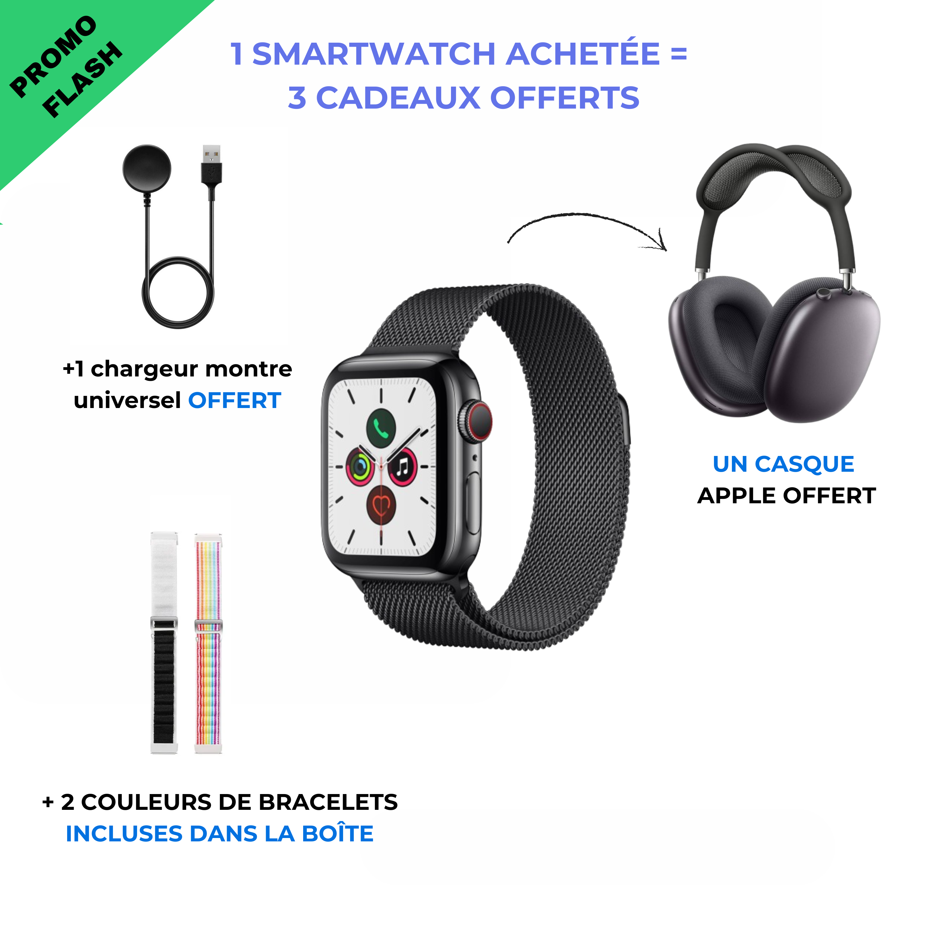 Smartwatch CONG (1 Achetée = 2 Couleurs OFFERTES + Un casque Bluetooth offert)